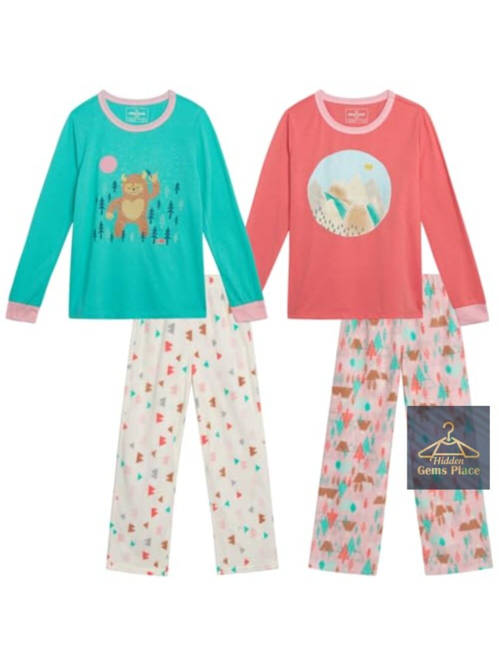 Girls 4 Piece Fleece Pajama Set Graphic Tops Pants Sleepwear
